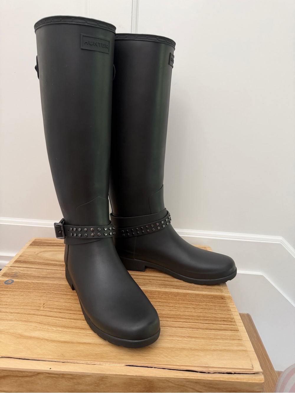 Hunter Refined Black Tall Rain Boots with Studded Strap Adjustable Calf